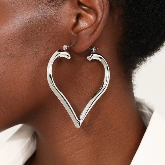 14K White Gold Womens Large Chunky Heart Hoop Earrings Big Hoops Silver Jewelry